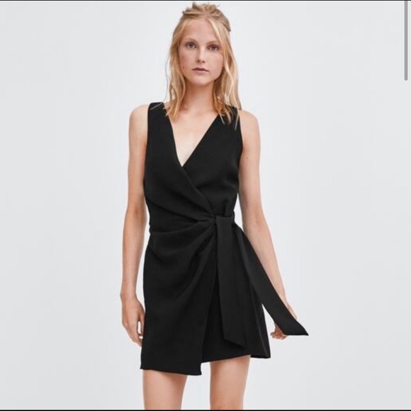 Zara Soft Surplice Wrap Dress Tortoise Shell O-Ring Dress In Black - Picture 4 of 12